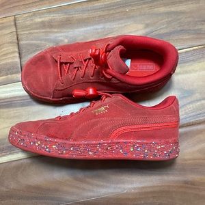Red suede pumas size 2.5